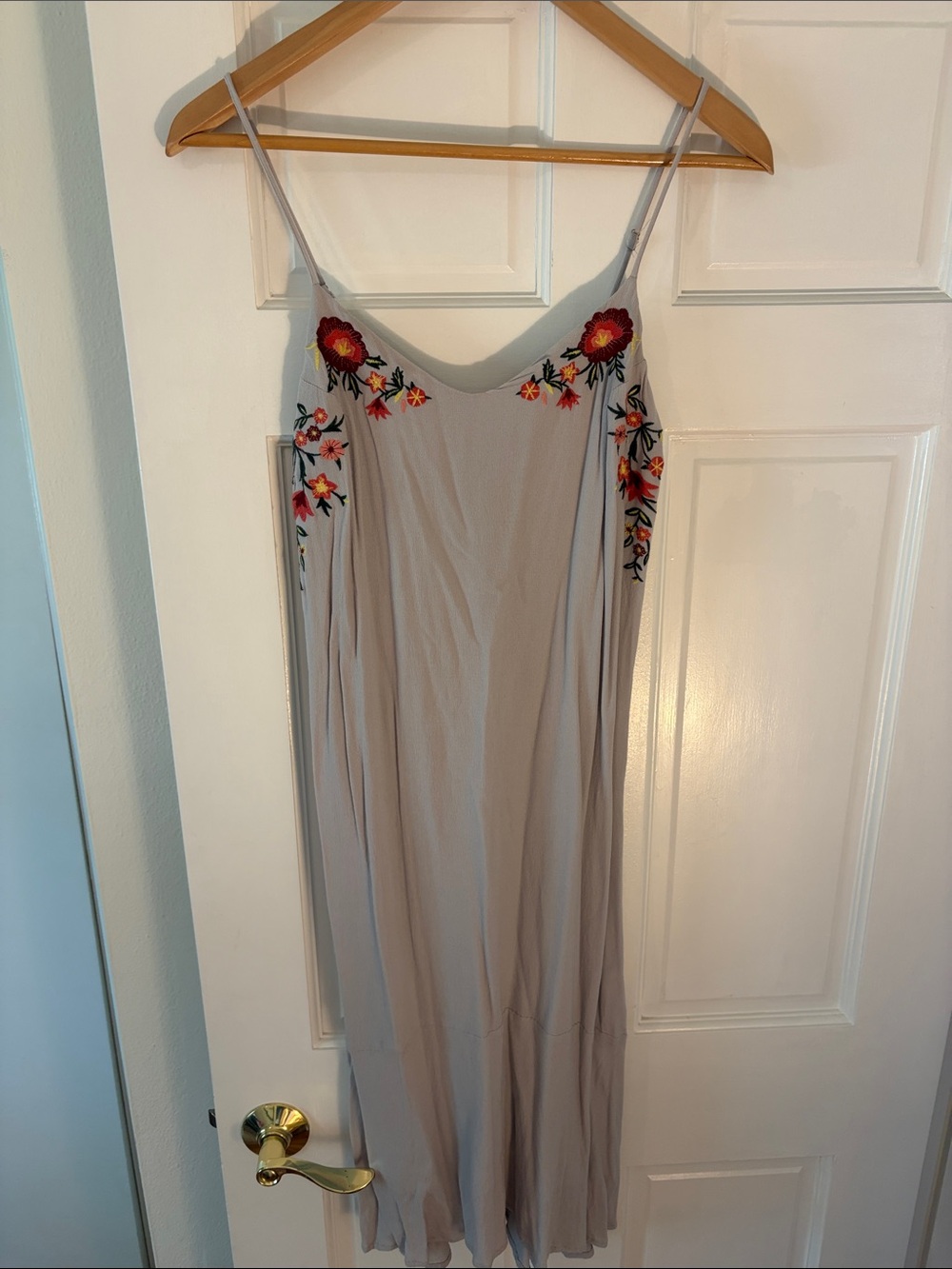 Lush Light Gray Spaghetti-Strap Slip Dress with Floral Embroidery- S